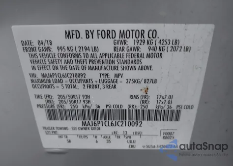 2018 Ford Ecosport Ses from USA, damaged, VIN MAJ6P1CL6JC210092